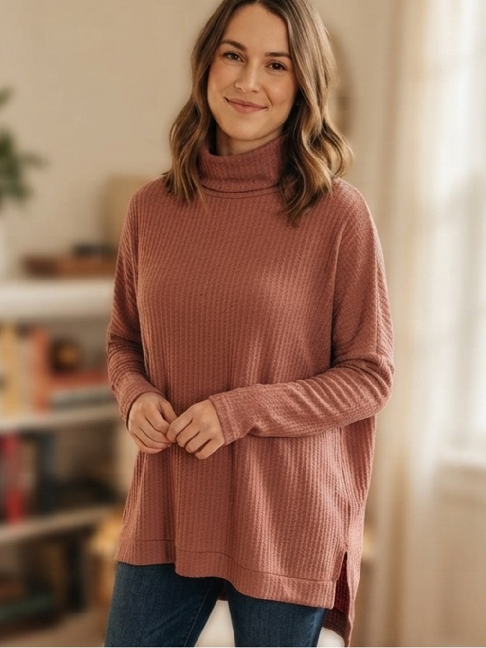 L Love Rosewood Waffle Knit Turtleneck Sweater Size L